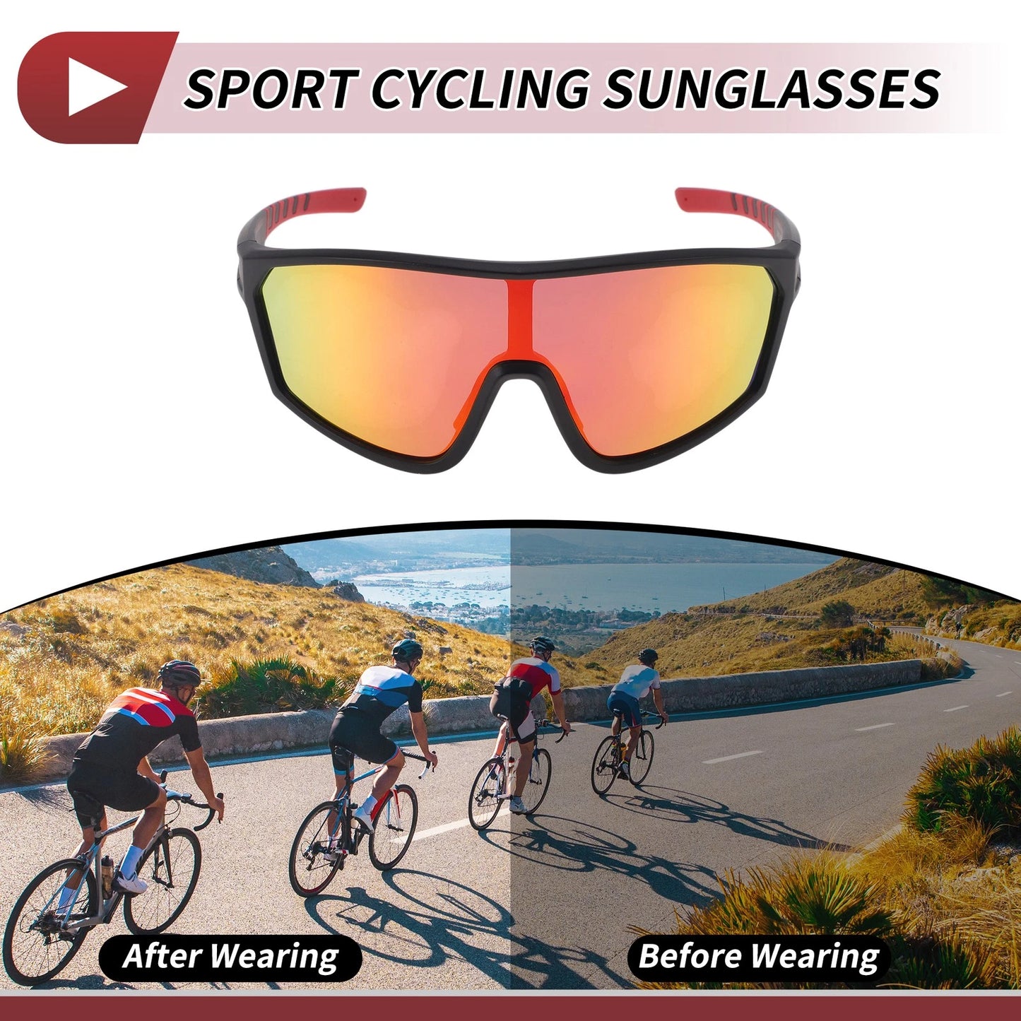 Riding Goggles Red Lens Black Frame Tri-Acetyl Cellulos PC UV400