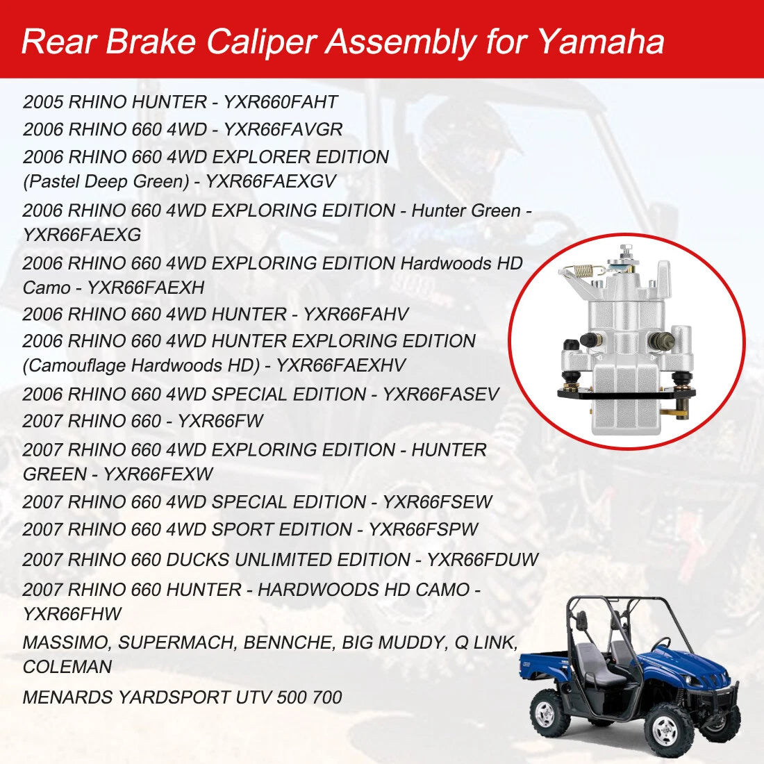 Rear Brake Caliper & Pads for Yamaha Rhino 450 YXR450F 4x4 (2006–2009)