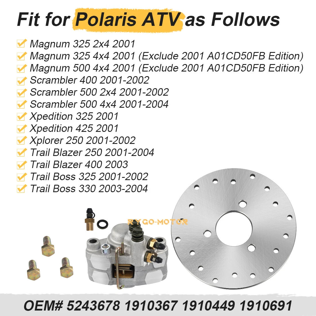 Rear Brake Disc Rotor & Caliper w/Bolt for Polaris Scrambler 400 500 (2001–2004)