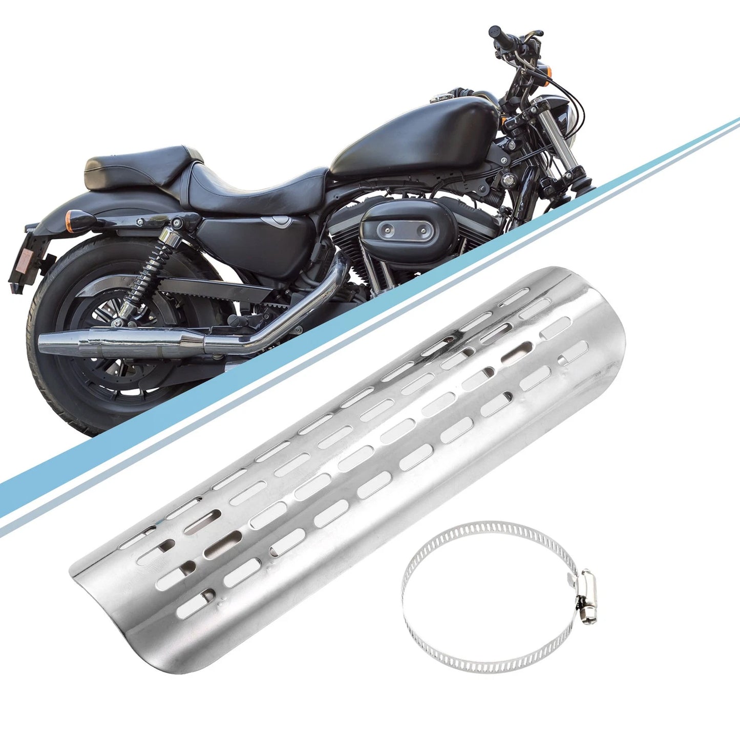 Set Motorcycle Exhaust Pipe Heat Shield with 20mm-70mm Clamps Silver Tone