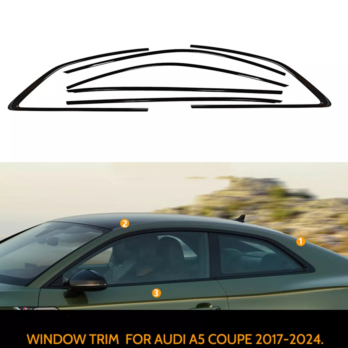 6 x Chrome Black Window Strip Trims for Audi A5 S5 RS5 (2017-2024)