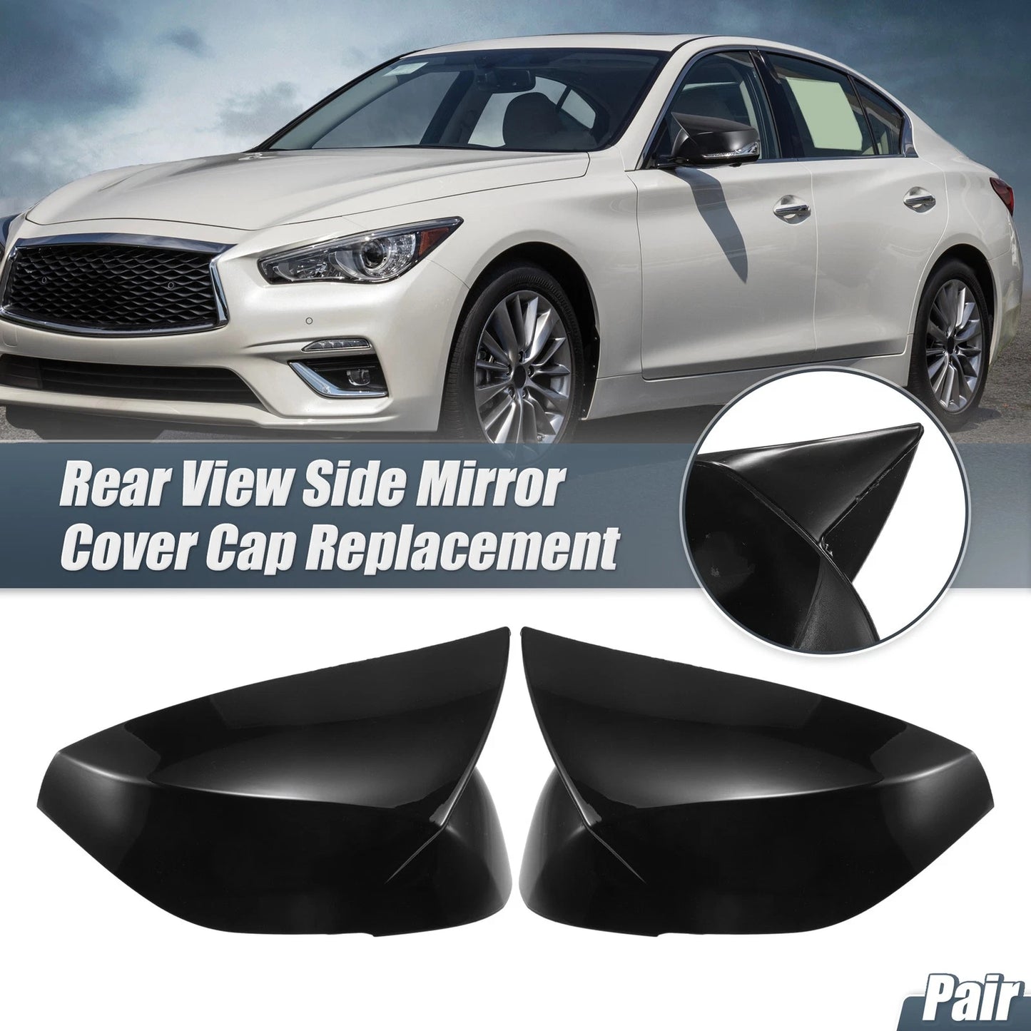 Pair Mirror Cover Overlay Black for INFINITI Q50 Q60 Q70 QX30