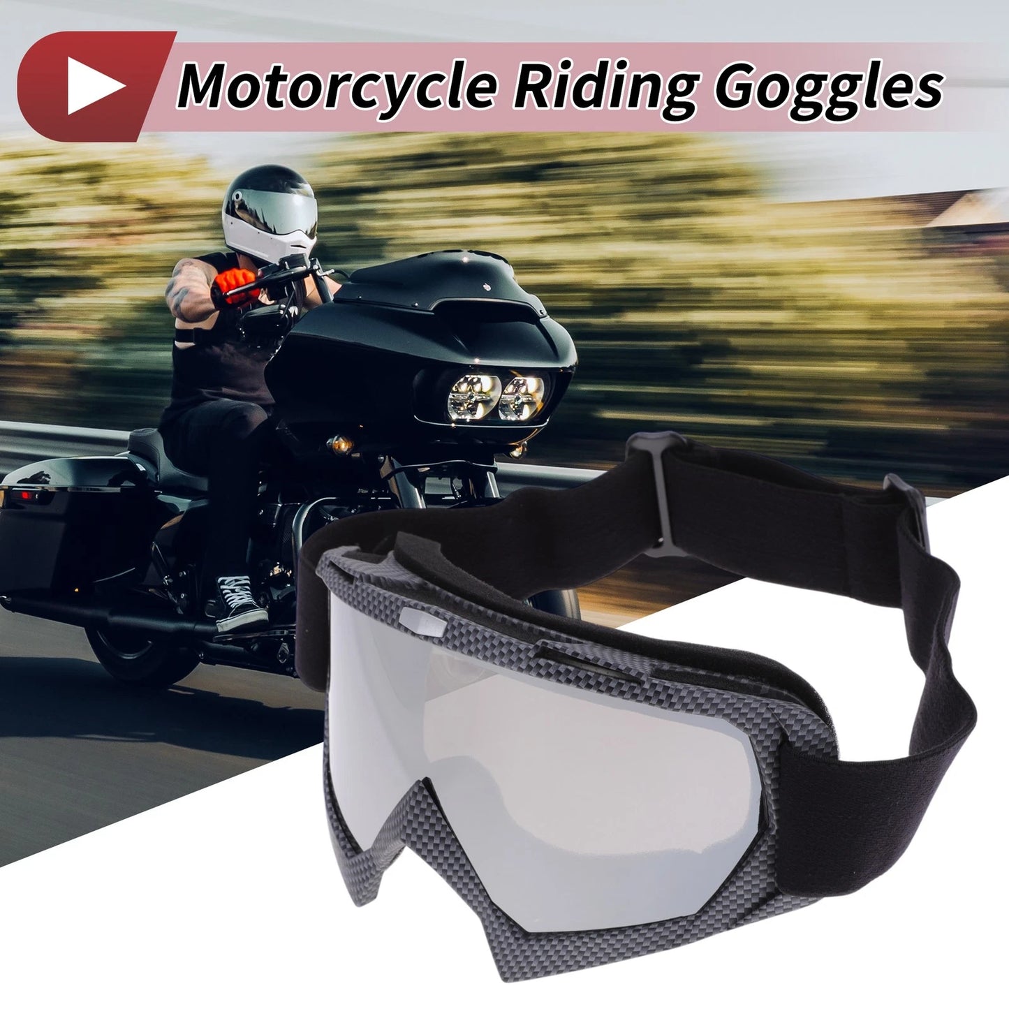 Motorcycle Riding Goggles Silver Tone Lens Black Gray Frame PC TPU