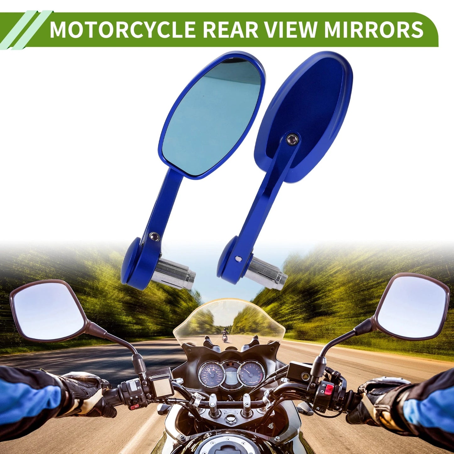 2 x Rear View Mirrors Oval Shape Handlebar Blue Aluminum Alloy for Motorcycle
