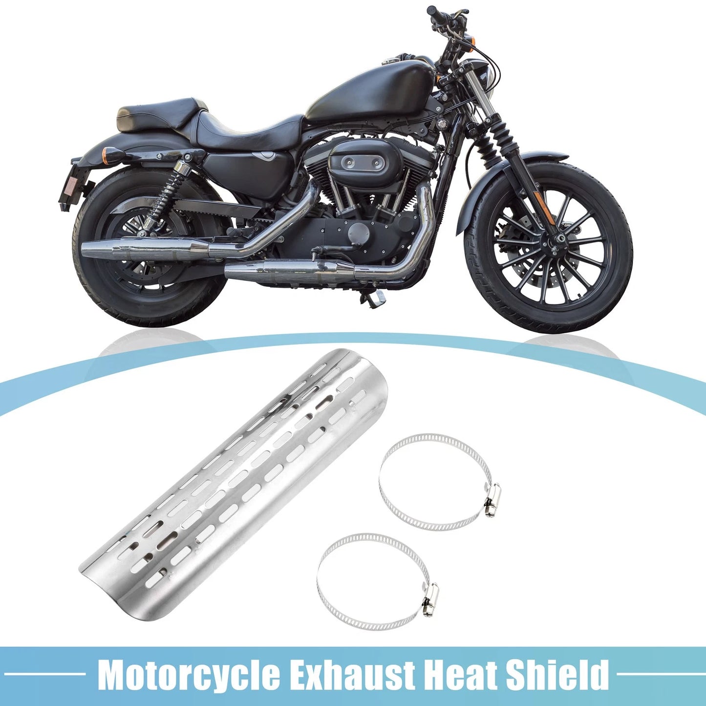 Set Motorcycle Exhaust Pipe Heat Shield with 20mm-70mm Clamps Silver Tone