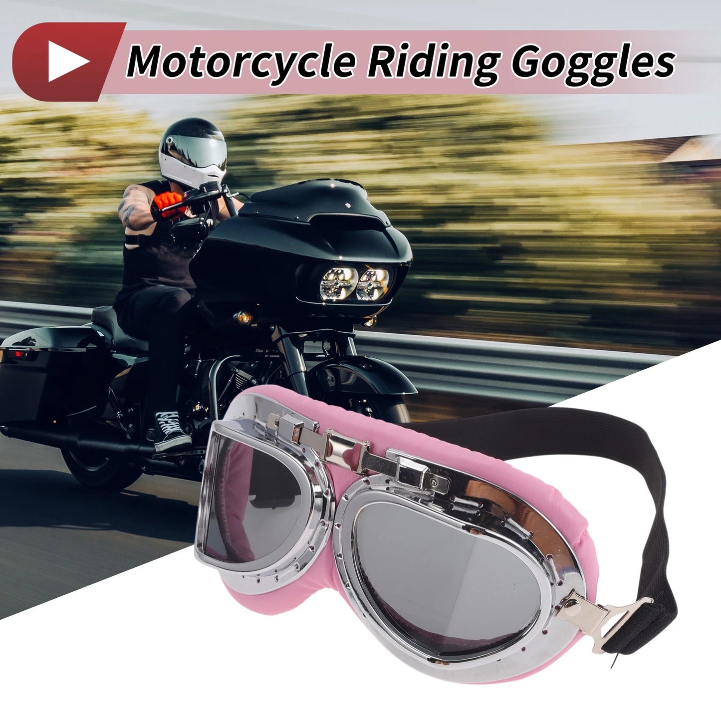 Motorcycle Riding Goggles Deep Gray Lens Pink Silver Frame PC PU Sponge