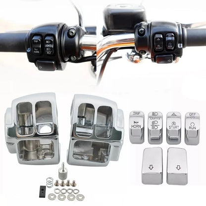 Chrome Switch Housing Covers + 6 x Hand Control Button Caps for Harley Softail