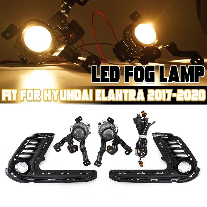 LED Front Projector Fog Light Bezel + Bulb + Wires for 2016-2018 Hyundai Elantra