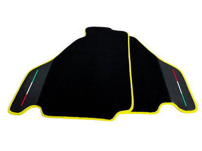 AutoWin Black Floor Mats for Ferrari F430 (2004-2009) - Carbon Fiber, Yellow Trim