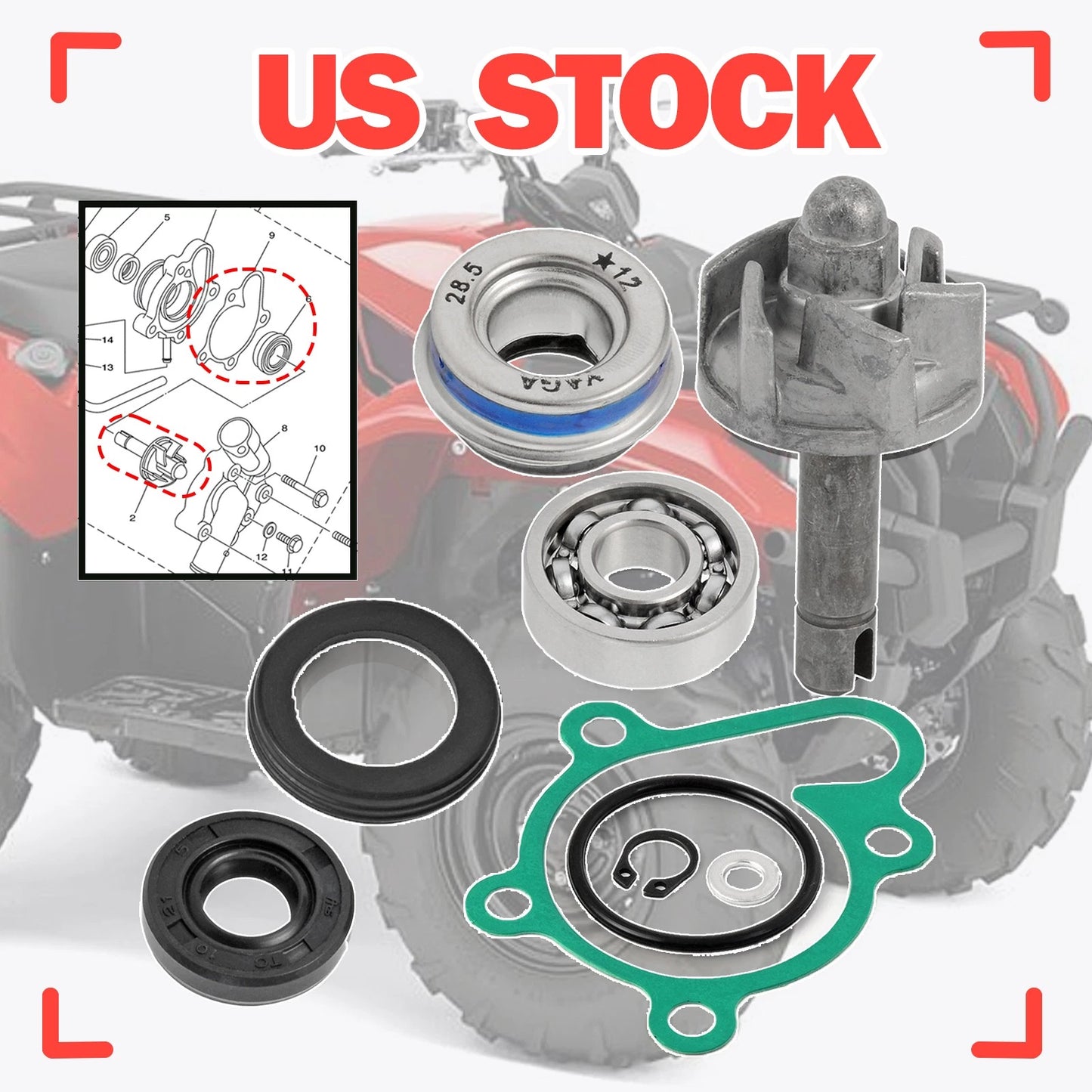 Water Pump Rebuild Kit Impeller Shaft Seal for Yamaha Kodiak YFM450(2003–2021)