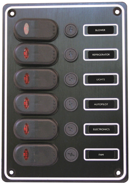 12V 6 Switch Panel Weatherproof Black Textured Alloy Pre-Wired