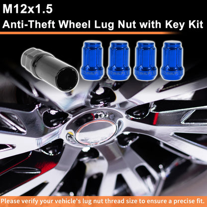M12x1.5 Tire Wheel Locking Nut with 1 Socket Key for Blue Honda Toyota