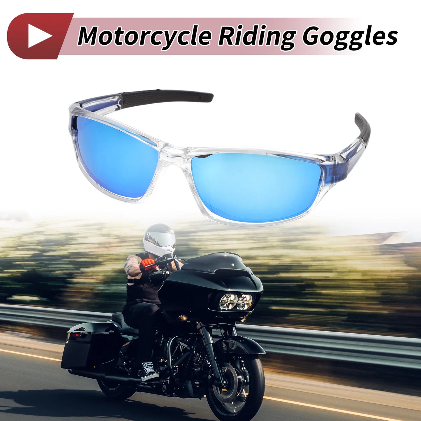 Motorcycle Riding Goggles Ice Blue Lens Transparent Frame Tri-acetel Cellulose