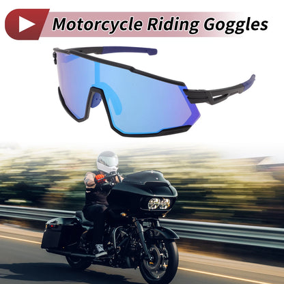 Motorcycle Riding Goggles Blue Lens Black Frame UV400 Cycling Sunglasses