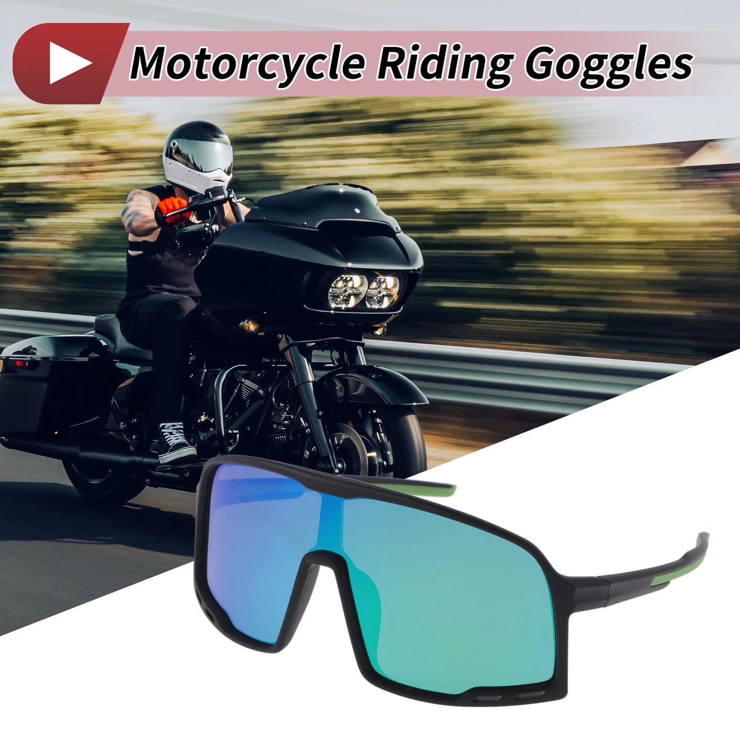 Set Motorcycle Riding Goggles Green Lens Black Frame Cellulos for Motorcycle