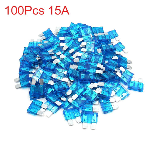 100pcs 15A Blue Plastic Case Medium Blade Style Fuse for Car Vehicle Motorcycle