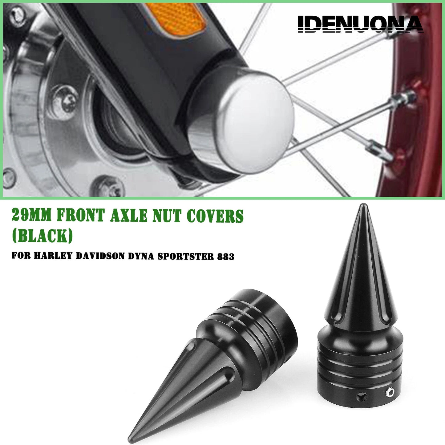 2 x Black 29mm Front Axle Nut Covers for Harley Dyna/Sportster (2004-2023)