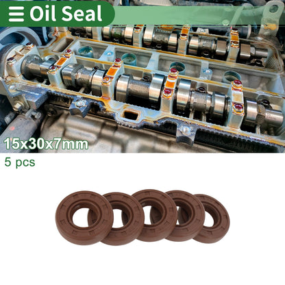Oil Seal 15x30x7mm FKM Rubber High Pressure Brown 5 Pcs