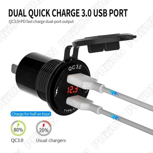 12V USB Type-C Charger Adapter for Car Motorcycle QC 3.0 Power Outlet