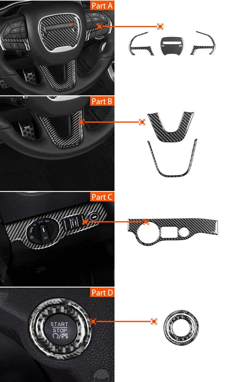 Carbon Fiber Parts Steering Wheel Cover Control Trim Fits Challenger 2015+