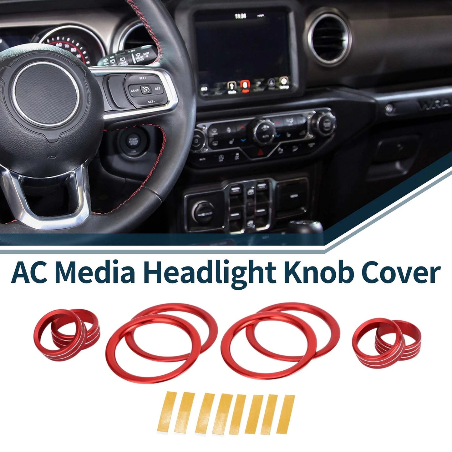 AC Media Headlight Switch Knob Cover for Jeep Gladiator JT (2020-2023) 8 Pcs