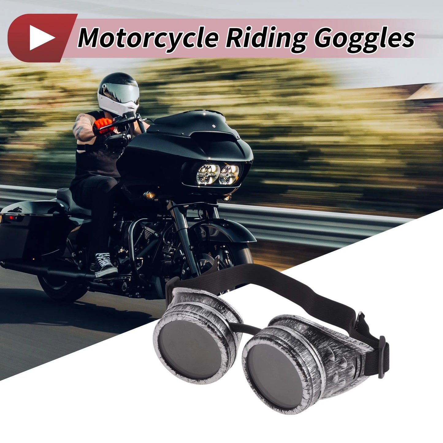1 Pc Motorcycle Goggles Black Lens Silver Tone Frame Glass ABS for Universal