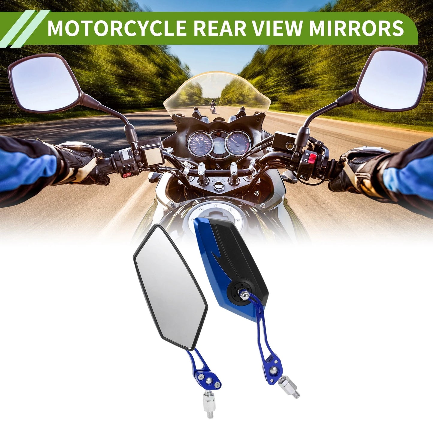 M8/M10 Rear View Mirrors Polygonal Shape Black Blue Aluminum Alloy for M8/M10