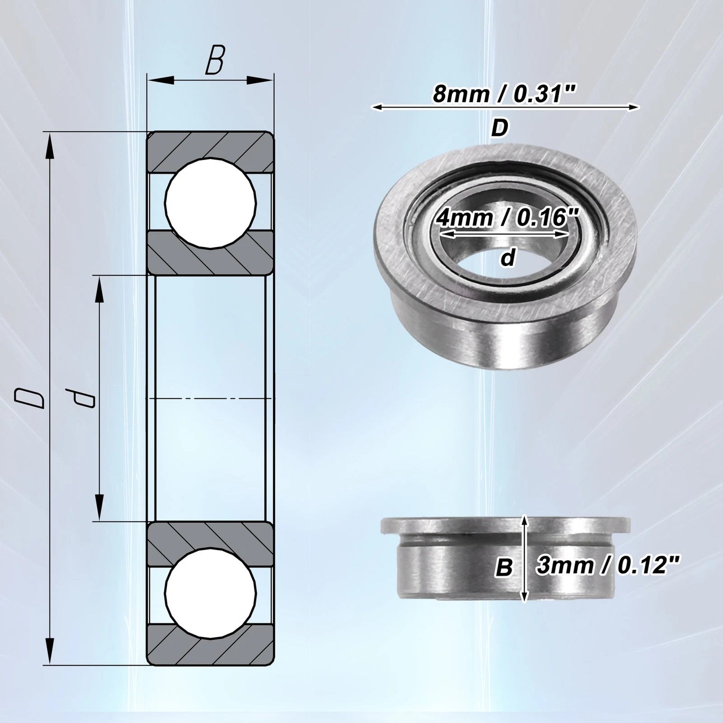 10 pcs 4x8x3mm Double Metal Shield Flanged Ball Bearings for MF84ZZ