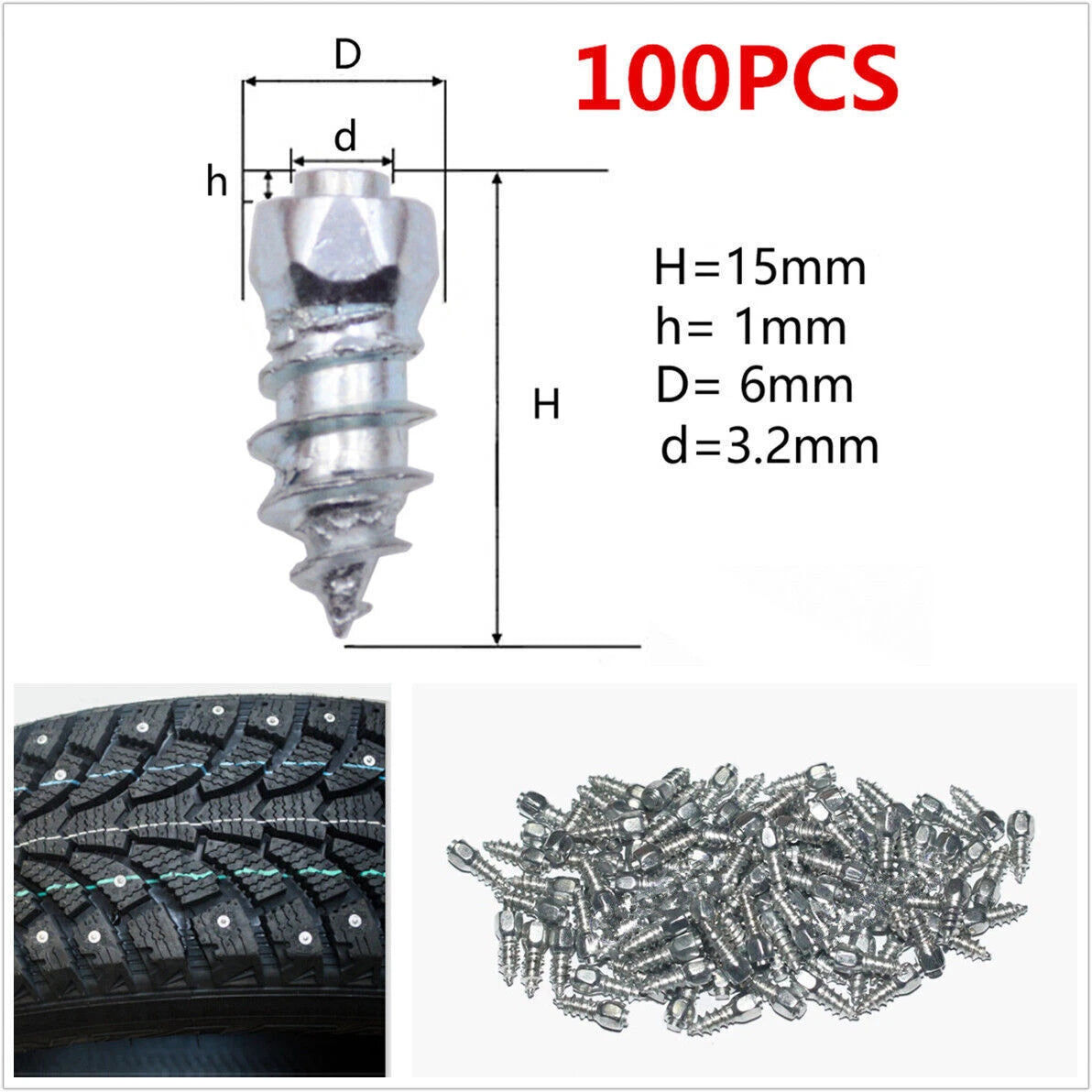 15mm Tire Studs for Car Truck Wheel Tyres Snow Chains (Fits Various Models)