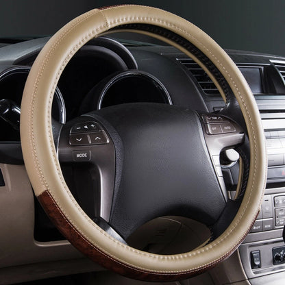 Beige Leather Anti-Slip Steering Wheel Cover for Universal 15" (37-38CM)