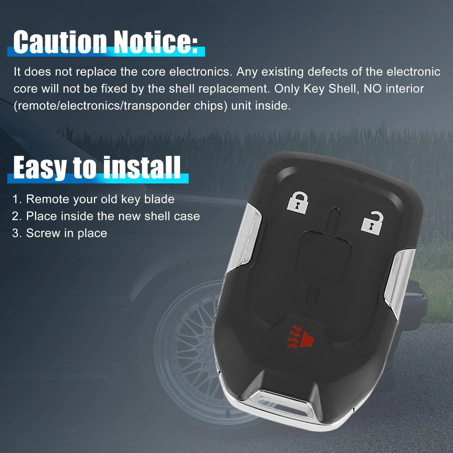 Car Key Fob Shell Case 3-Button Black for GMC Terrain (2018-2019)