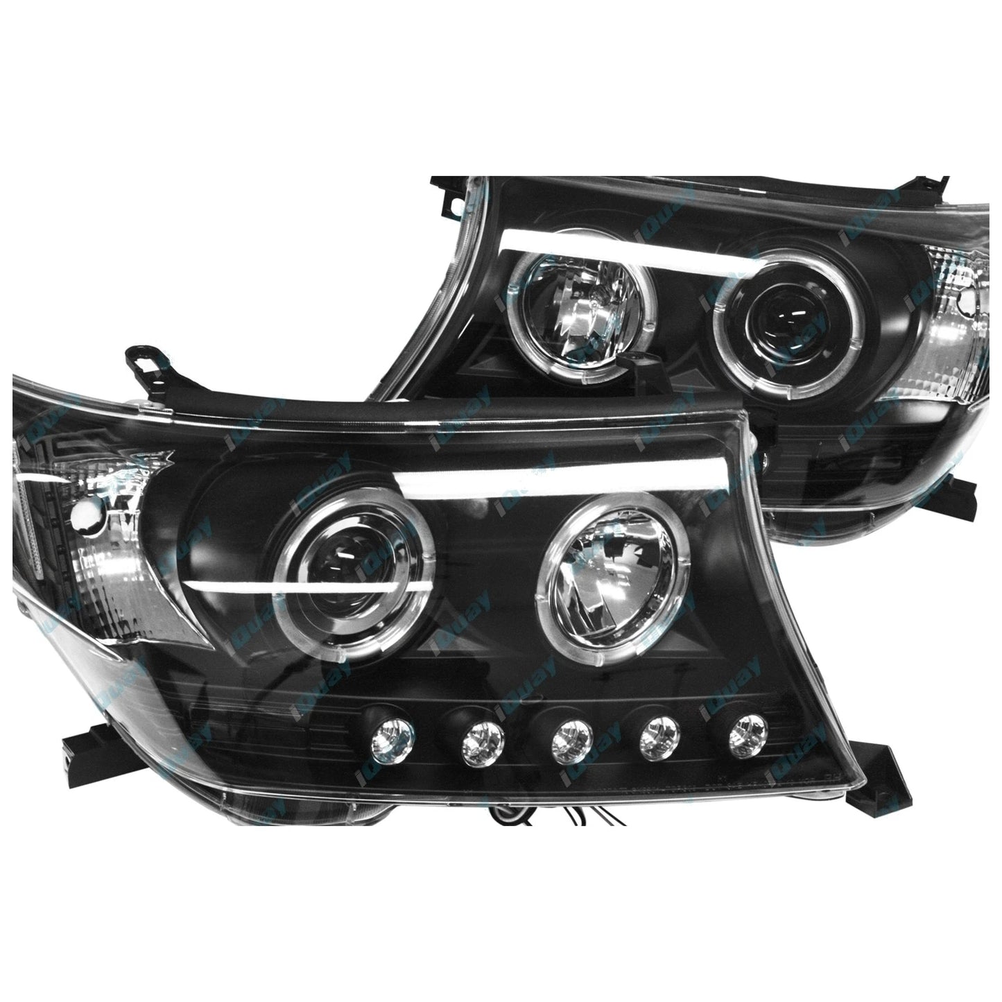 2 x Headlights for Toyota Landcruiser 200 Series Angel Eye Projector BLACK