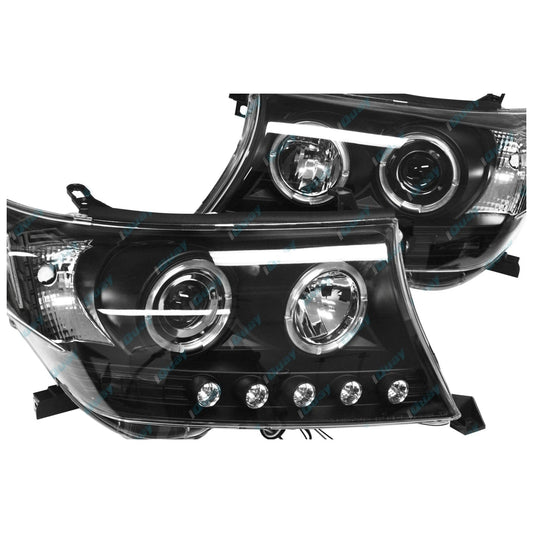 2 x Headlights for Toyota Landcruiser 200 Series Angel Eye Projector BLACK