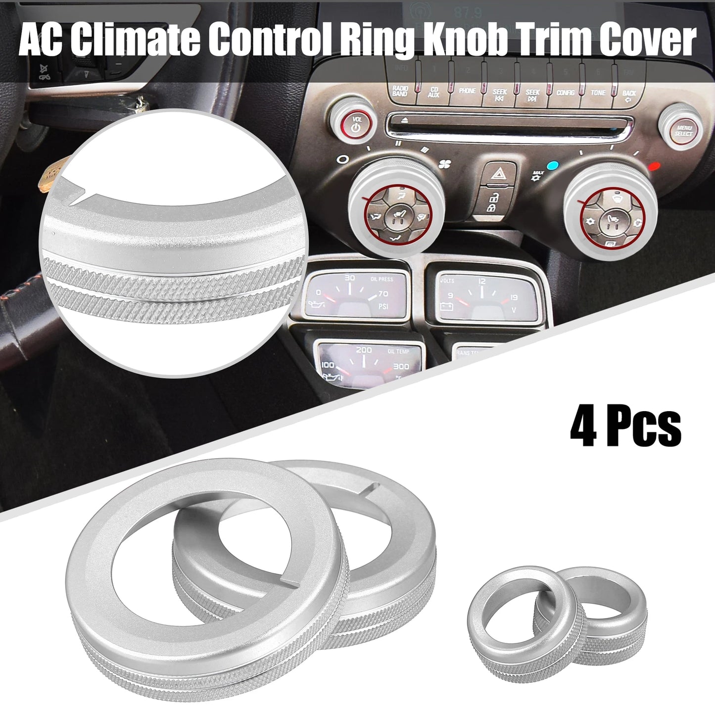 4 x Silver Tone Aluminum Alloy Center Control Ring Knob Cover for Chevrolet