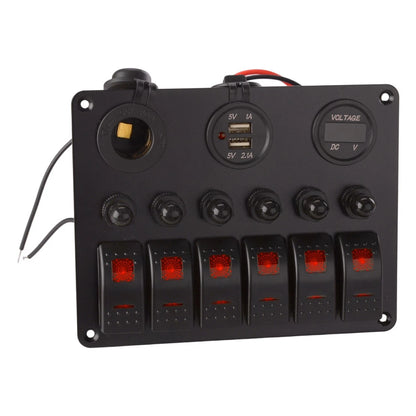 6-Gang Waterproof Circuit Red LED Rocker Switch Panel for Car Marine Boat