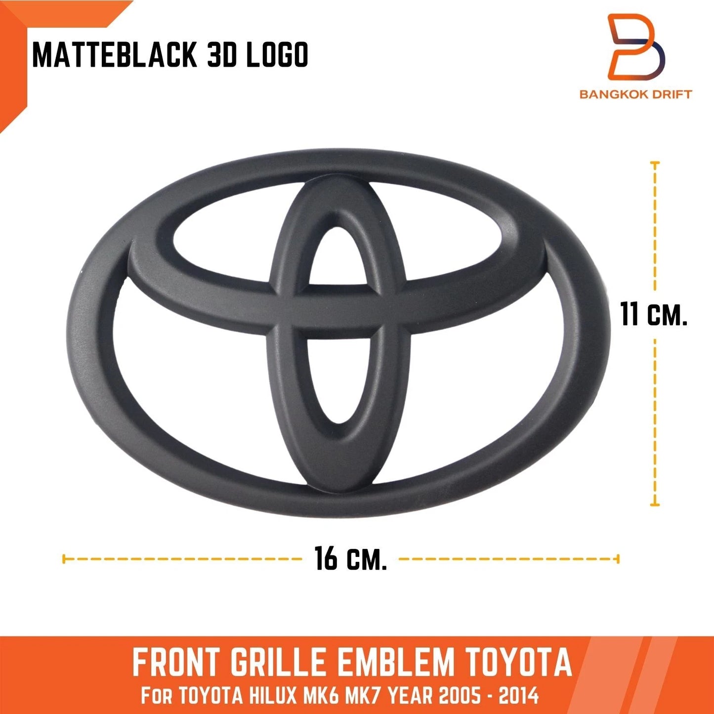 Matte Black 16cm Grille Logo Emblem Badge for Toyota Hilux Vigo (2005-2014)