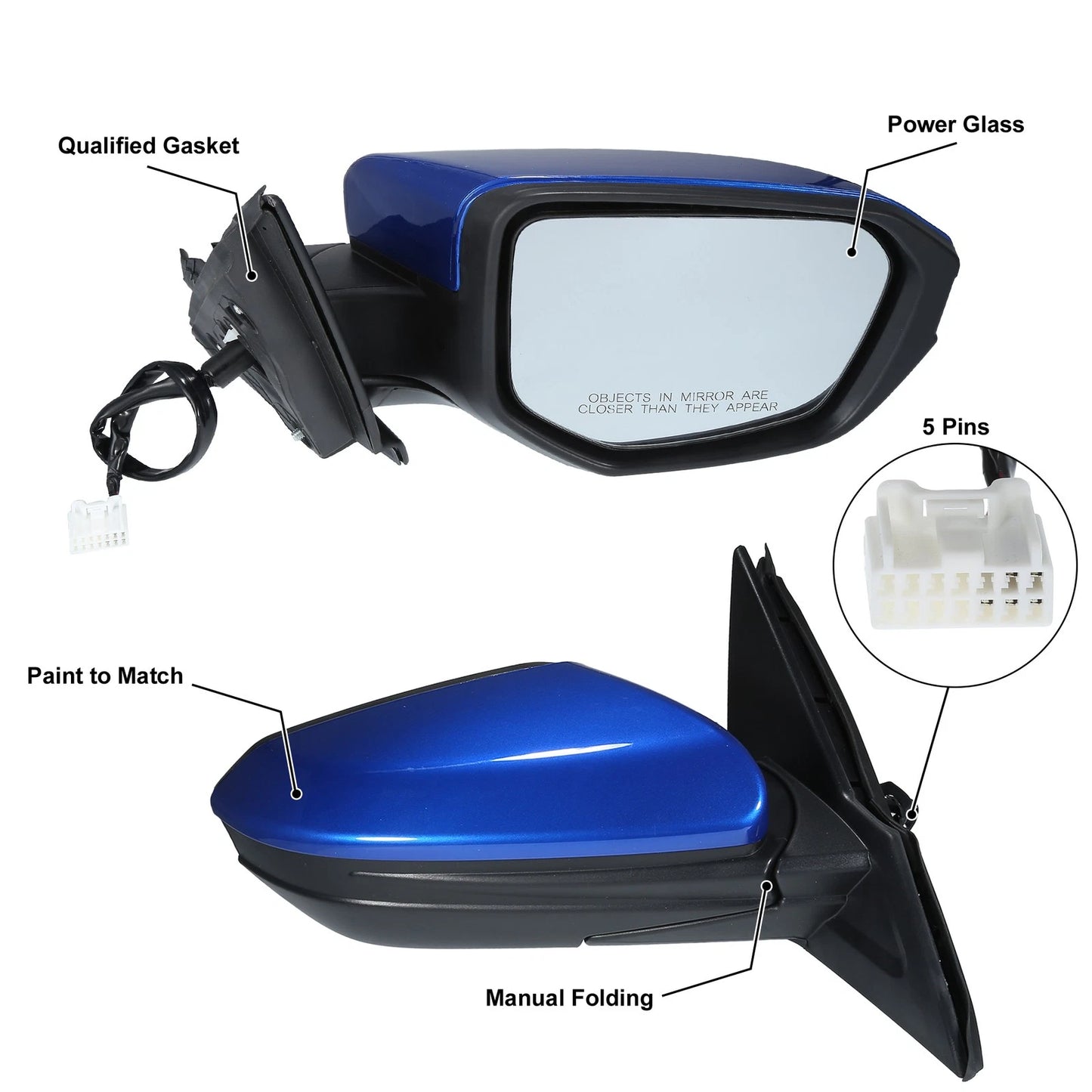 5 Pin Right Side Door Mirror Assembly Blue for Honda Civic (2016-2020)