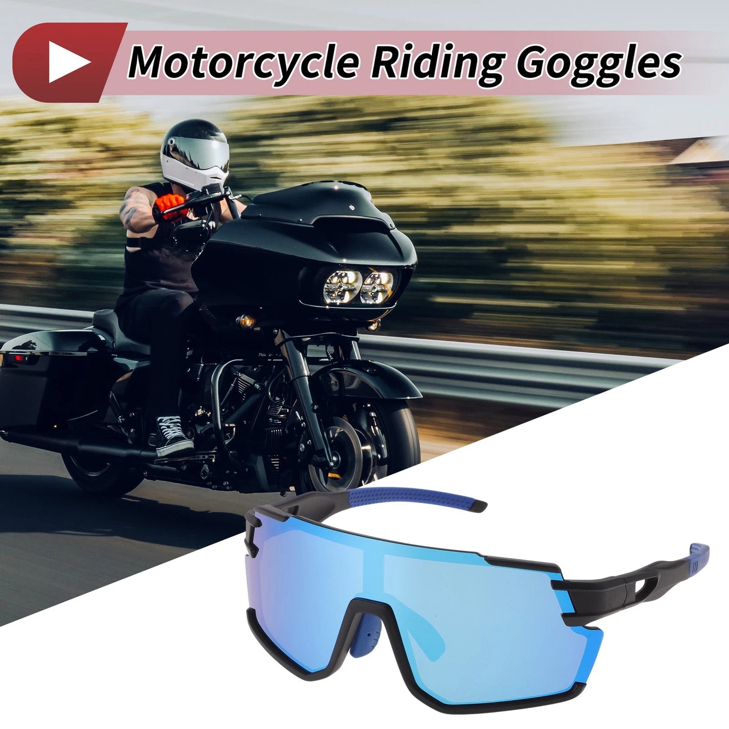 Motorcycle Riding Goggles Blue Lens Black Frame Cycling Sunglasses for PC