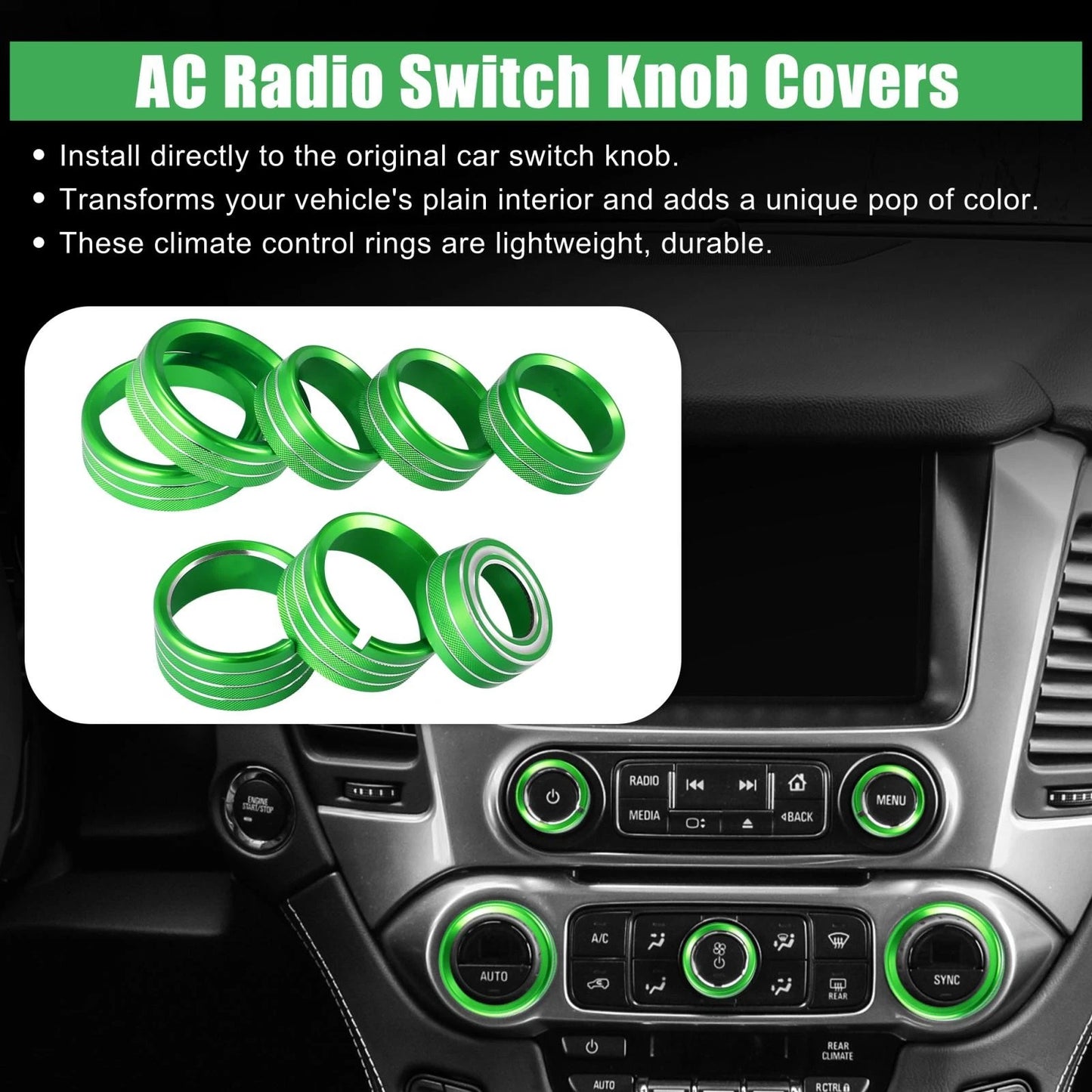 8 x Green Radio Switch Knob Cover for Chevy Silverado GMC Sierra (2014-2018)