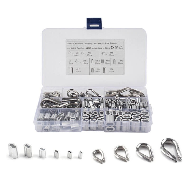 250 Pcs Crimping Loop Sleeve Assortment Kit for Wire Rope Cable Thimbles