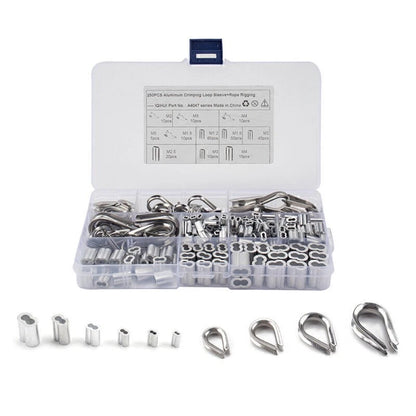 250 Pcs Crimping Loop Sleeve Assortment Kit for Wire Rope Cable Thimbles
