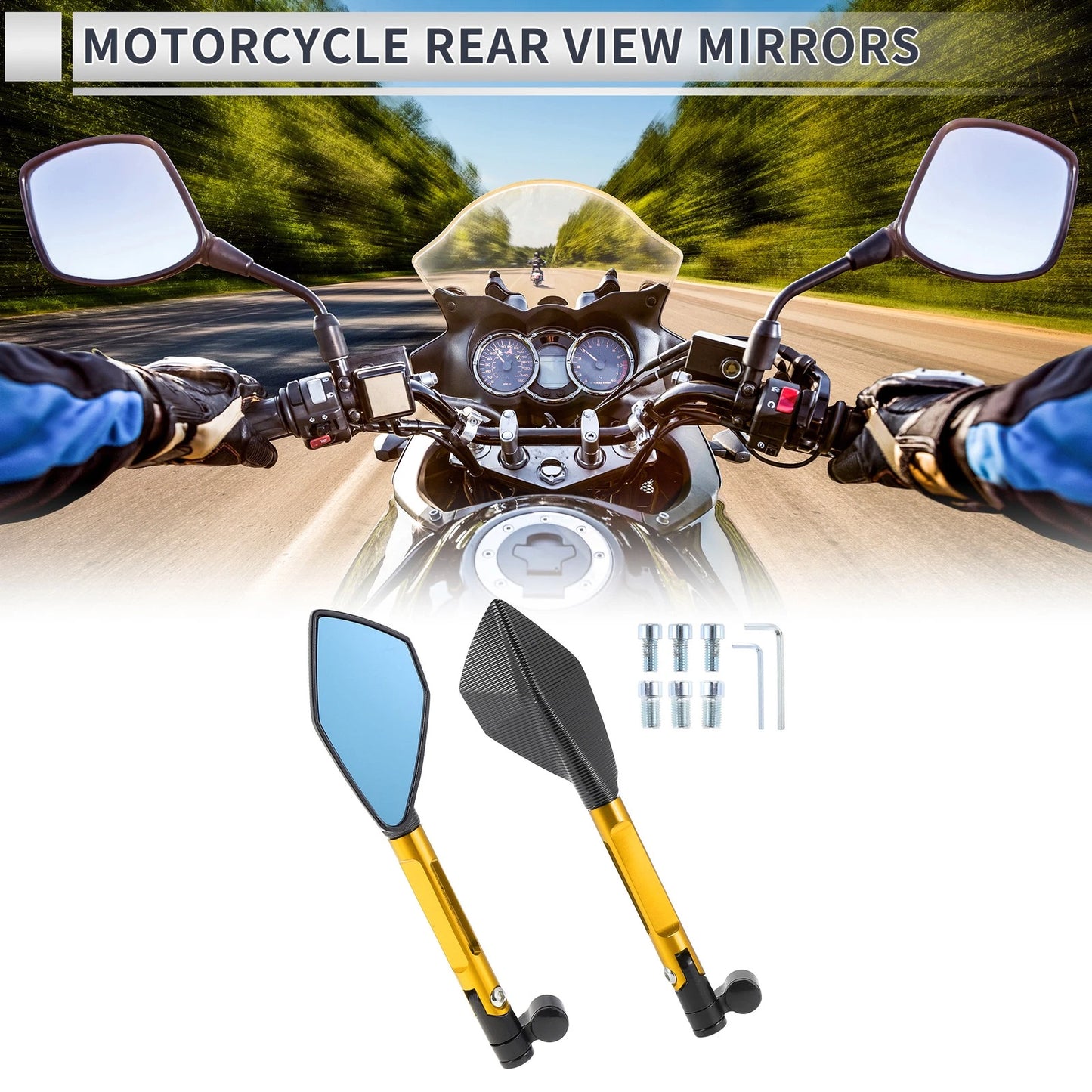 Rear View Mirrors Black Gold Tone Aluminum Alloy for M8/M10 Motorcycle