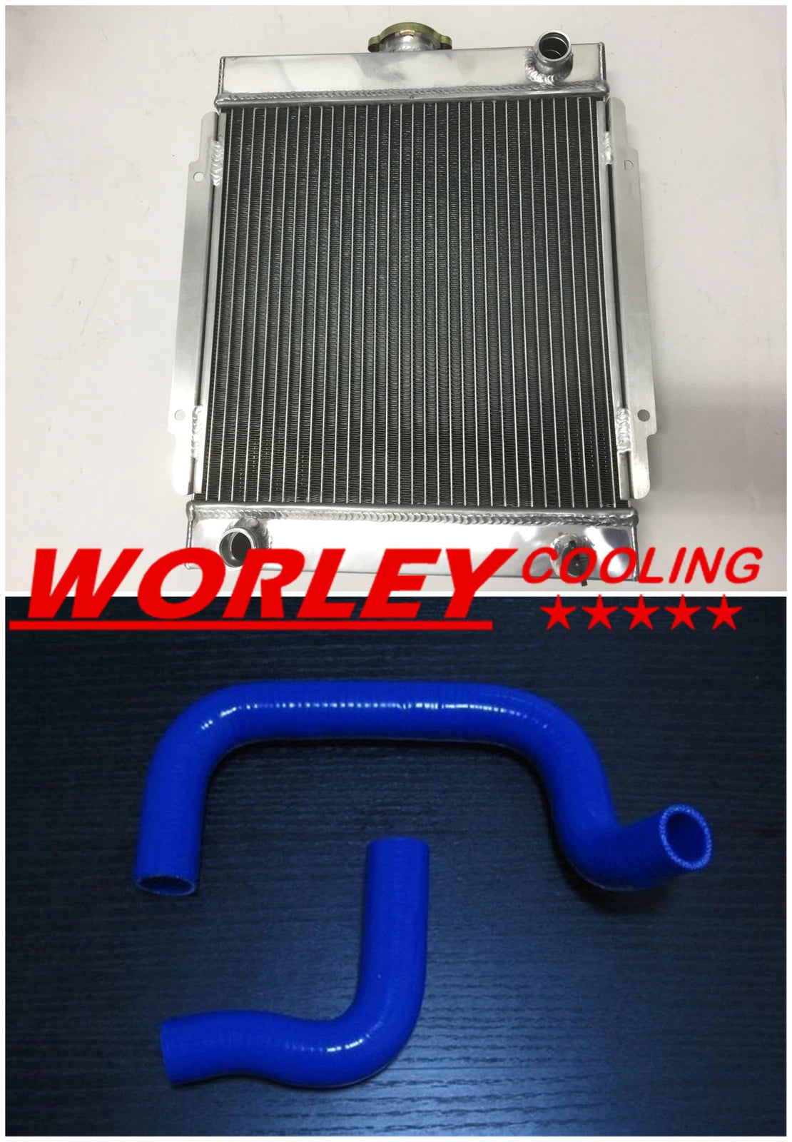 3 Row Aluminum Radiator + Blue Hoses for Datsun 1200, 120Y, B110 (1970-1975)
