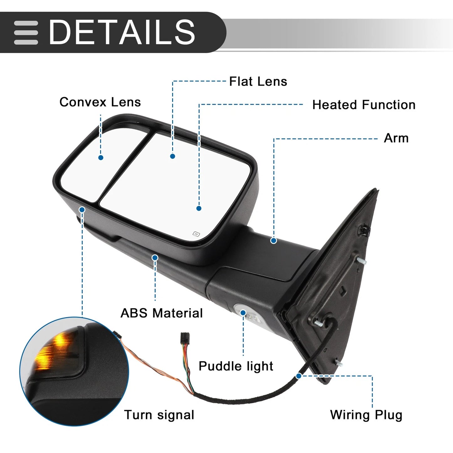 Tow Mirrors for Dodge Ram 1500 with Turn Signal Light Black (2009-2012)