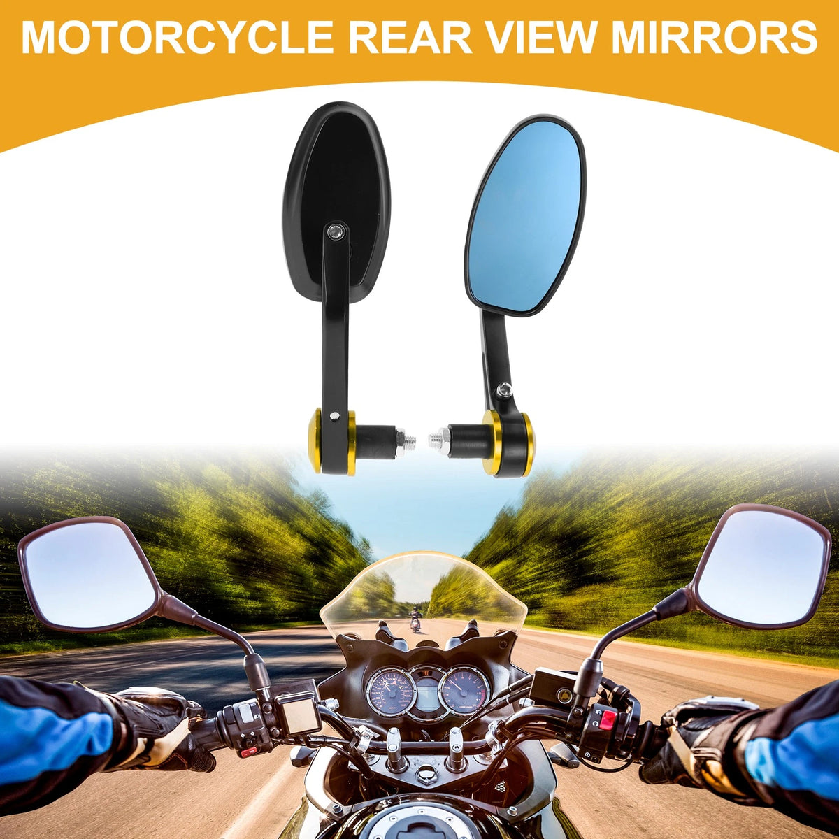 M8 Motorcycle Rear View Mirror Handlebar Mirror Black Gold Tone Aluminum