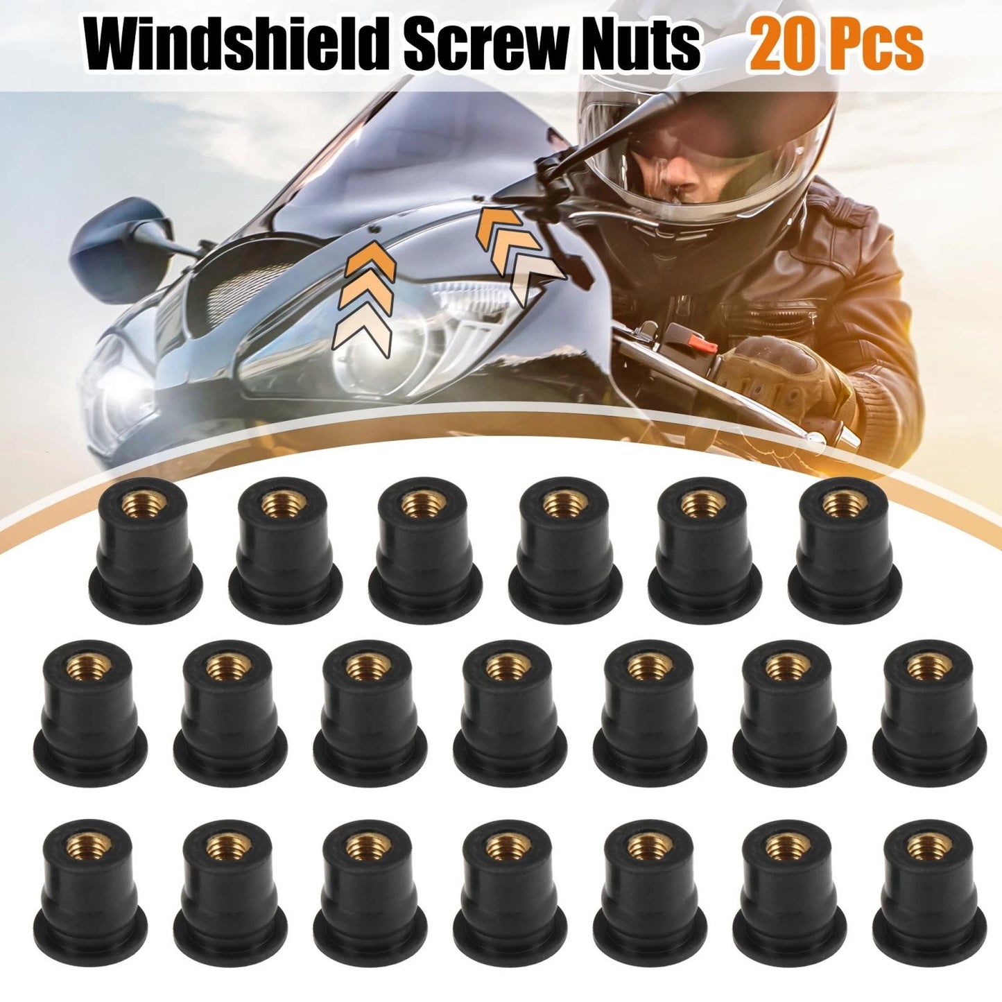 20pcs M6 Straight Convex Black Rubber Windshield Screws Bolts Nuts for Motorcycle