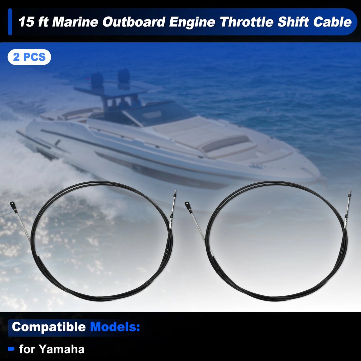 2 x 15 ft Boat Throttle Shift Control Cable Black for Yamaha