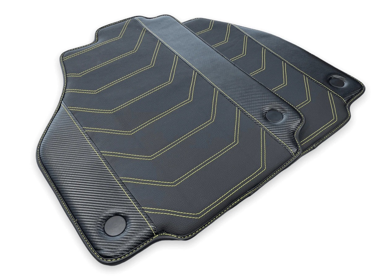 Black Leather Car Mats for Ferrari 458 Spider | AutoWin | Yellow Stitching