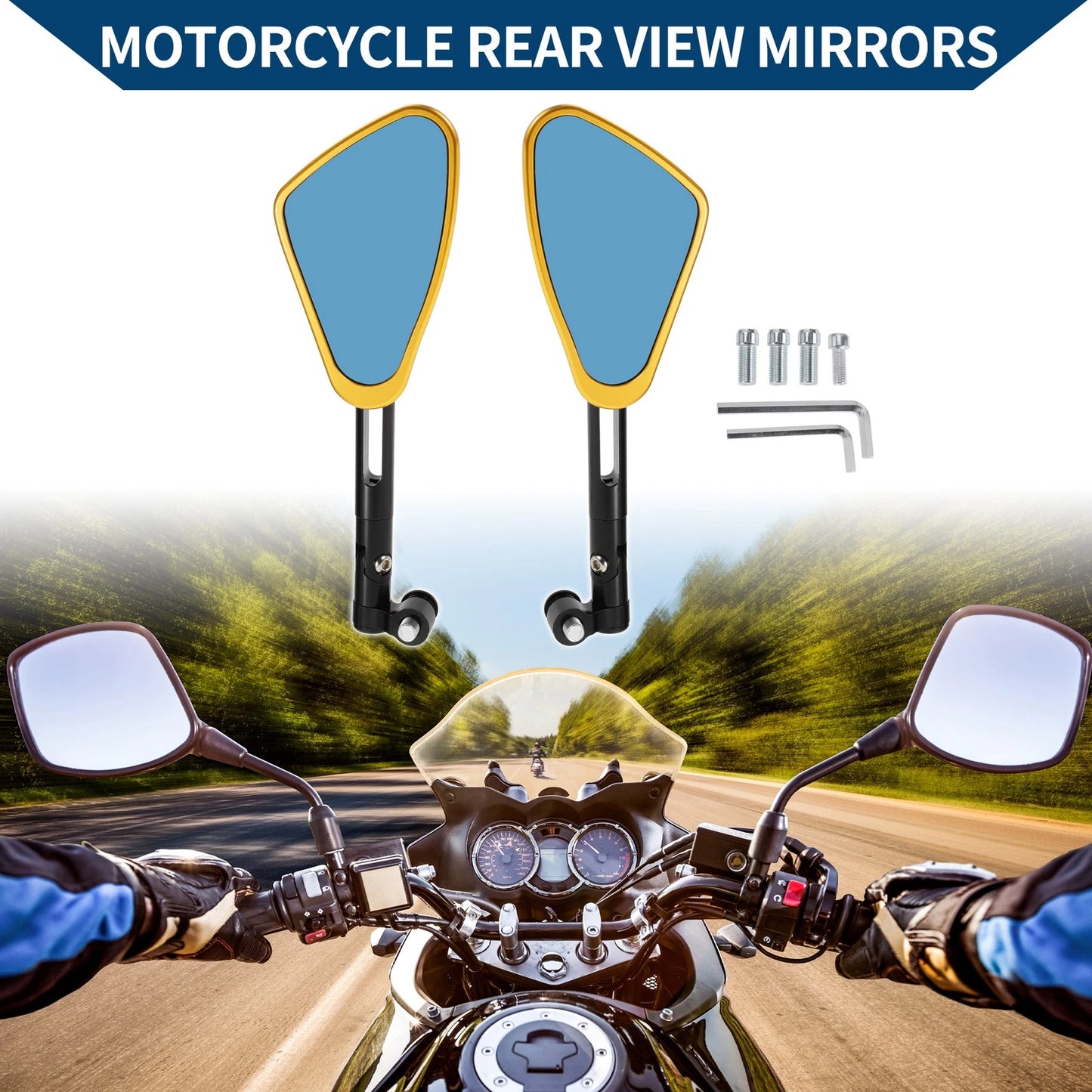 M8/M10 1 Set Rear View Mirrors Side Rearview Mirror Black Gold Tone for Motorcycle