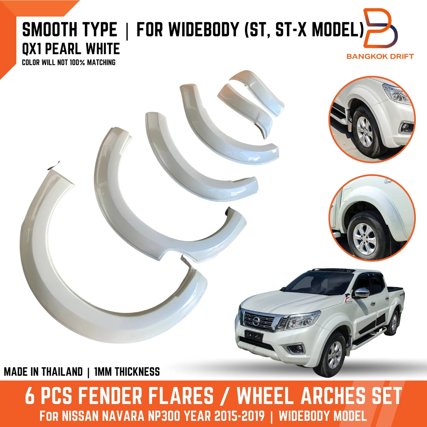 Wheel Arch Flares QX1 Pearl White for Nissan Navara D23 Ute ST ST-X (15-19)